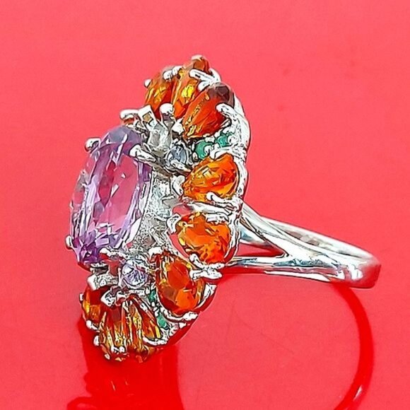 Natural Amethyst 6x4mm,‎ Citrine, Emerald 925 Sterling Silver Jewelry Ring 7.75 - Picture 5 of 12